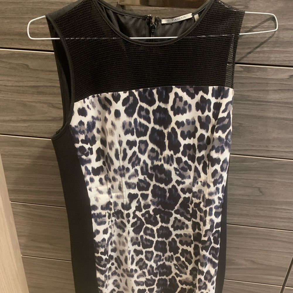 Sleeveless black and animal print sheath dress